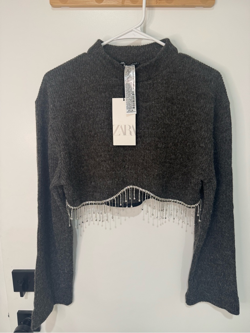 Zara Charcoal Cropped Sweater with Beaded Fringe